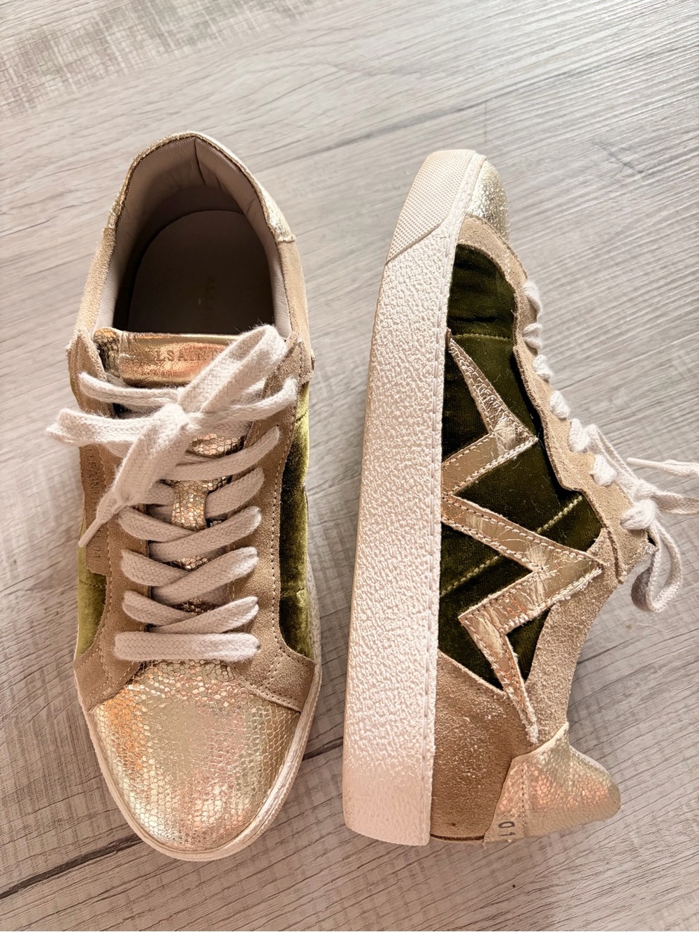 AllSaints Sheer Bolt Leather & Velvet Sneakers Olive Green Gold Women’s EU 39/8